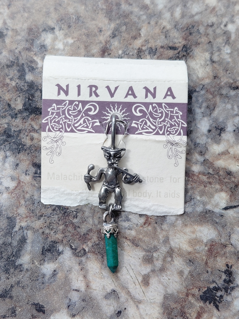 Nirvana Tribal Figure Statue with Malacite Crystal Silver Tone Vintage Pendant